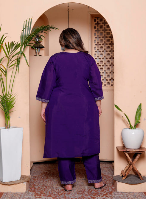 Miravan Womens Plus Size Purple Muslin Stright kurta and palazzo with dupatta Suit set