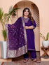 Miravan Womens Plus Size Purple Muslin Stright kurta and palazzo with dupatta Suit set