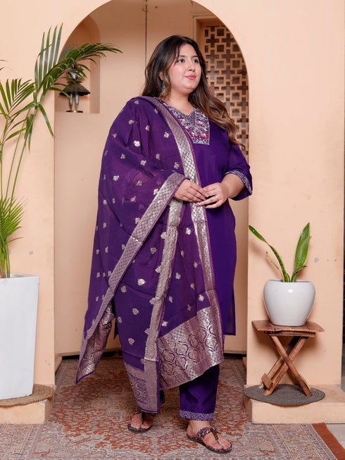 Miravan Womens Plus Size Purple Muslin Stright kurta and palazzo with dupatta Suit set