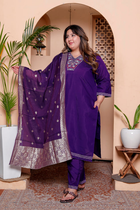 Miravan Womens Plus Size Purple Muslin Stright kurta and palazzo with dupatta Suit set