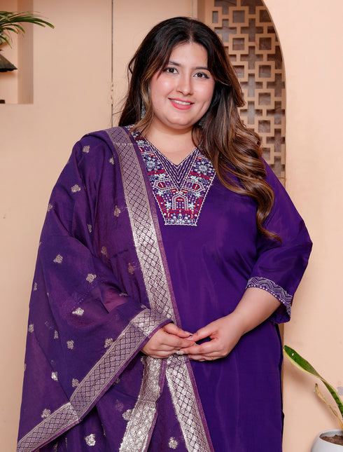 Miravan Womens Plus Size Purple Muslin Stright kurta and palazzo with dupatta Suit set