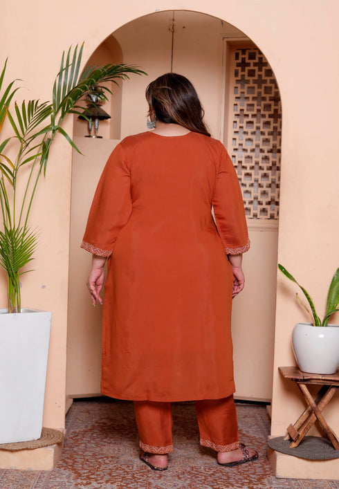 Miravan Womens Plus Size Orange Embroidery Straight Kurta with Palazzo and Dupatta set