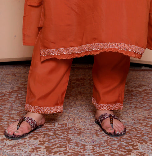 Miravan Womens Plus Size Orange Embroidery Straight Kurta with Palazzo and Dupatta set