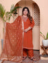 Miravan Womens Plus Size Orange Embroidery Straight Kurta with Palazzo and Dupatta set
