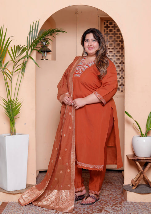 Miravan Womens Plus Size Orange Embroidery Straight Kurta with Palazzo and Dupatta set