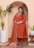 Miravan Womens Plus Size Orange Embroidery Straight Kurta with Palazzo and Dupatta set