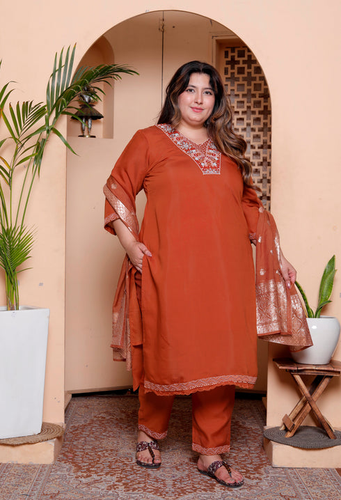 Miravan Womens Plus Size Orange Embroidery Straight Kurta with Palazzo and Dupatta set