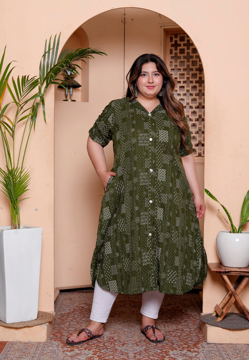 Miravan Womens Plus Size Pure Cotton Floral Printed Green Button Down A Line Midi Dress