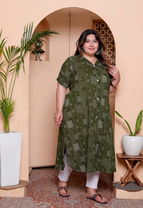 Miravan Womens Plus Size Pure Cotton Floral Printed Green Button Down A Line Midi Dress
