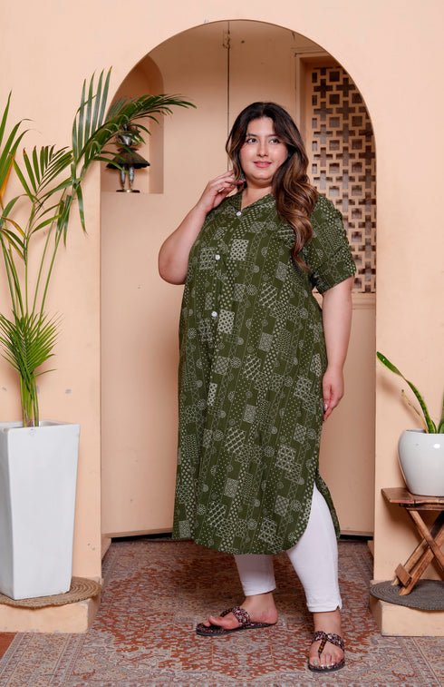 Miravan Womens Plus Size Pure Cotton Floral Printed Green Button Down A Line Midi Dress