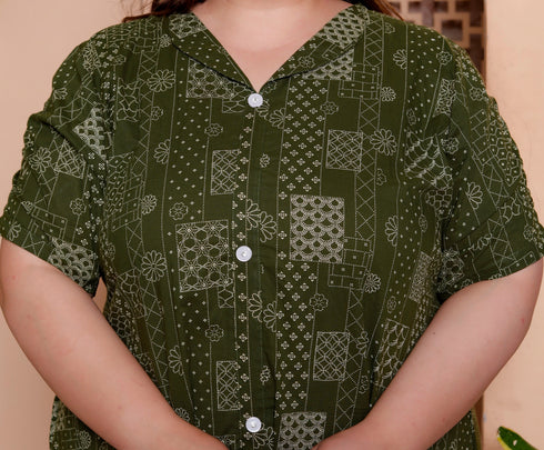 Miravan Womens Plus Size Pure Cotton Floral Printed Green Button Down A Line Midi Dress