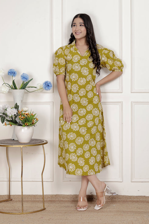 Miravan Womens Yellow Printed Puff Sleeve Floral Maxi Party Dress