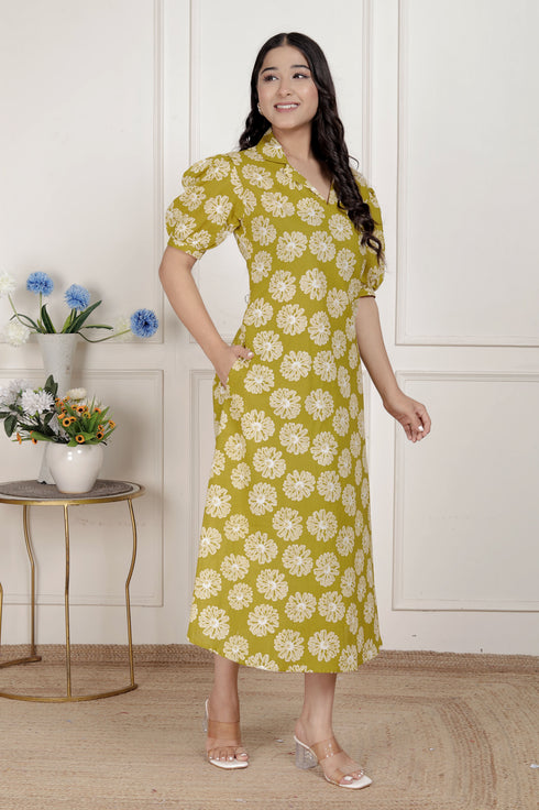Miravan Womens Yellow Printed Puff Sleeve Floral Maxi Party Dress