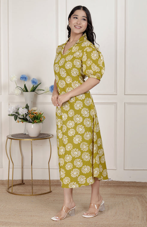 Miravan Womens Yellow Printed Puff Sleeve Floral Maxi Party Dress