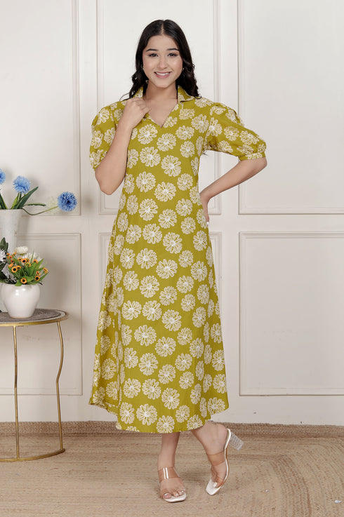 Miravan Womens Yellow Printed Puff Sleeve Floral Maxi Party Dress