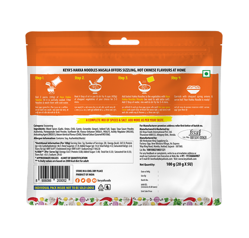 Keyafoods Keya Hakka Noodles Masala 100g Multipack 5 sachets inside of 20g Each sachet