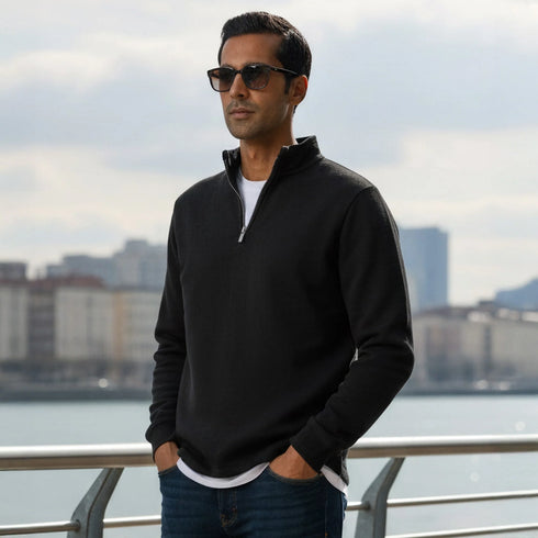 XYXX Pulse French Terry Cotton Blend Half Zip Pullover Pitch Black