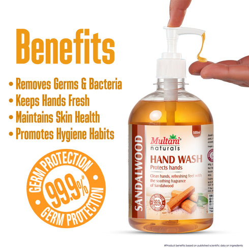 Multani Pharmaceuticals Limited Multani Naturals Hand Wash Sandalwood Clean Hands Refreshing feel with the soothing fragrance of Sandalwood 99 9 Germ Protection