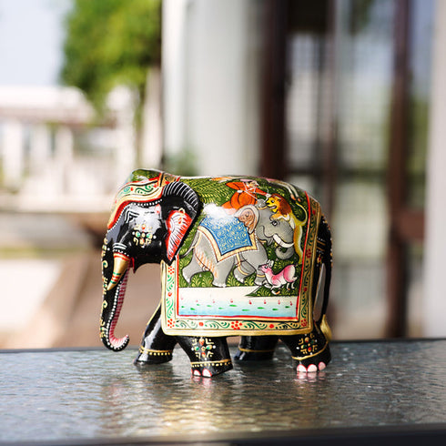 CREATUNIQ Wooden Elephant, Hand Painted Shikari Scene