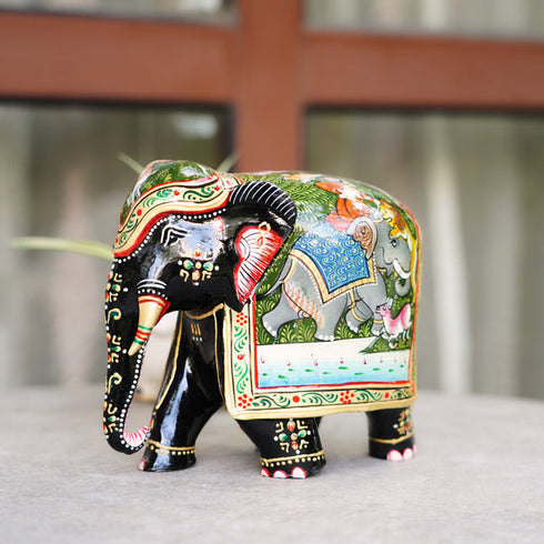 CREATUNIQ Wooden Elephant, Hand Painted Shikari Scene