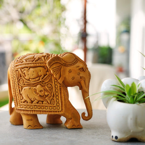 CREATUNIQ Wooden Elephant, Trunk Down with Shikari Carving
