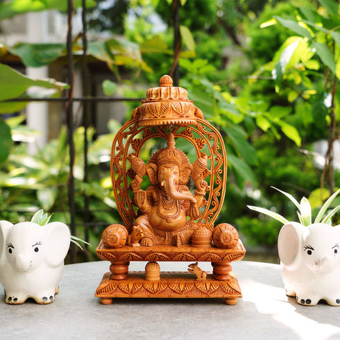 CREATUNIQ Handmade Wooden Ganesha Idol, with Chatra
