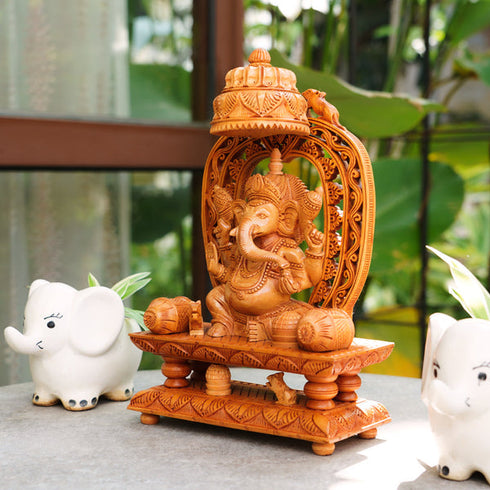 CREATUNIQ Handmade Wooden Ganesha Idol, with Chatra