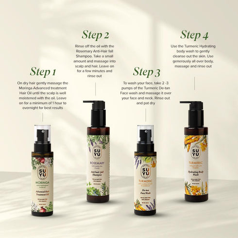 Suyu India Head to Toe Regime Turmeric Body Wash Face Wash Shampoo & Hair Oil