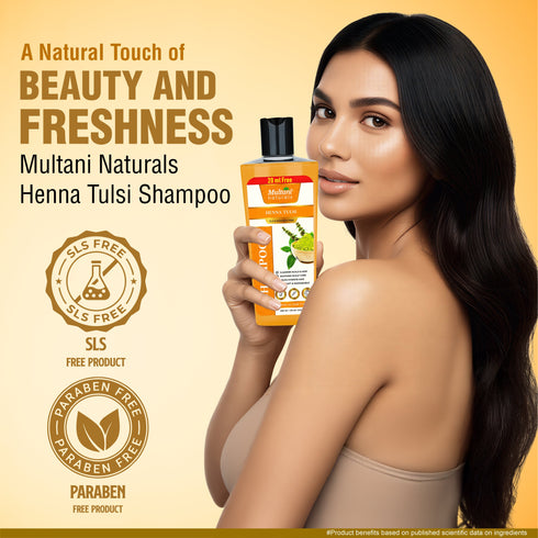 Multani Pharmaceuticals Limited Multani Naturals Henna & Tulsi Shampoo For Silkier & Denser Hair Improves Scalp Health For Hair Growth & Dandruff Control SLS & Paraben Free Dermatologically Tested