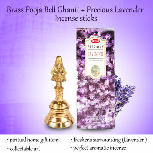 HEM Brass Pooja Bell Ghanti + Lavender Incense sticks