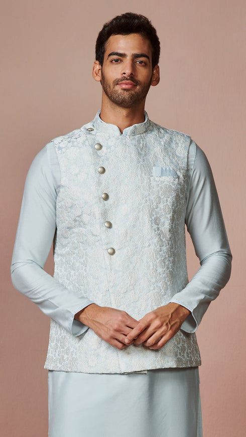 Manyavar Powder Blue Self Design Kurta Jacket Set