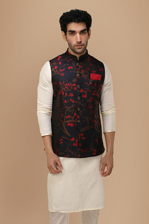 Manyavar Royal Blue Self Print Jacket