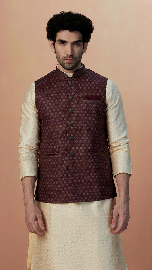 Manyavar Maroon Floral Print Jacket