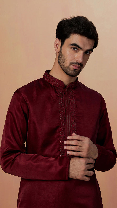 Manyavar Maroon Self Booti Kurta Pajama