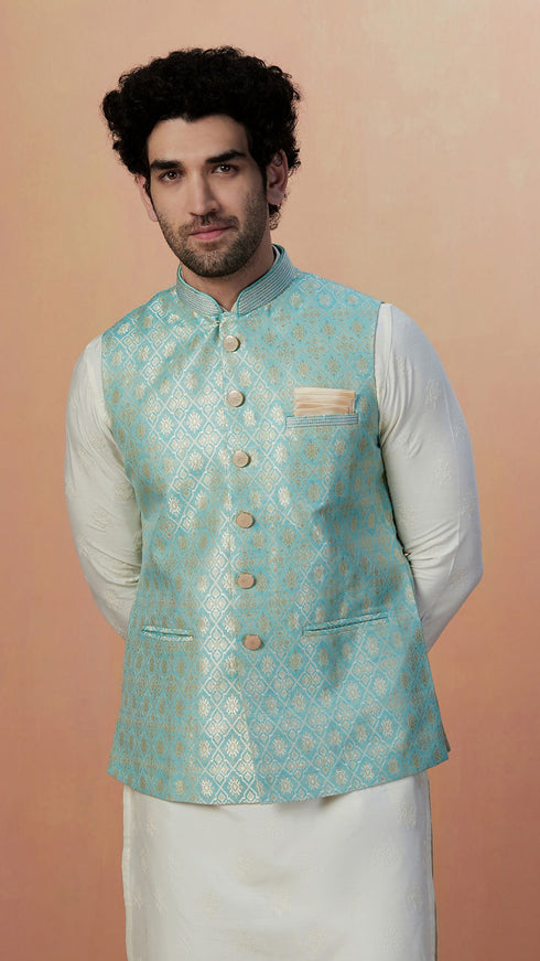 Manyavar Teal Jacket With Golden Motifs