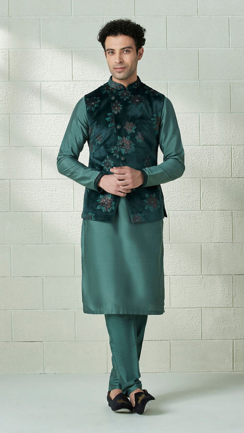 Manyavar Moss Green Printed Kurta Jacket Set