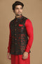 Manyavar Mesmerizing Red And Blue Kurta Jacket Set