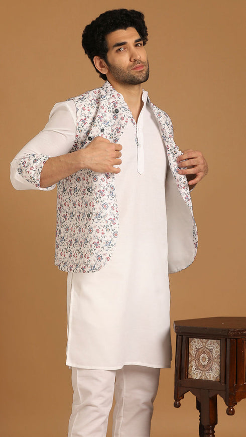 Manyavar Light Cream Floral Print Kurta Jacket Set