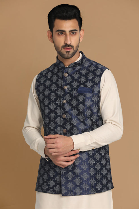 Manyavar Denim Blue Printed Jacket