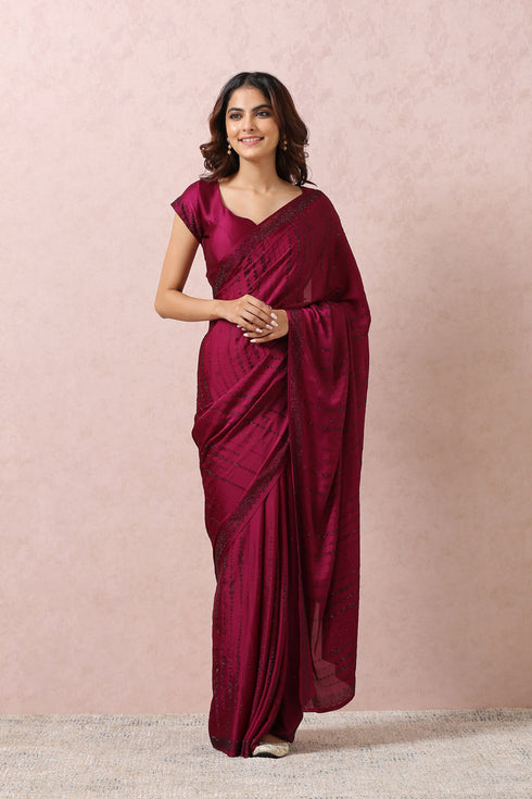 Mohey Wine Satin Saree With Stone Embellishment