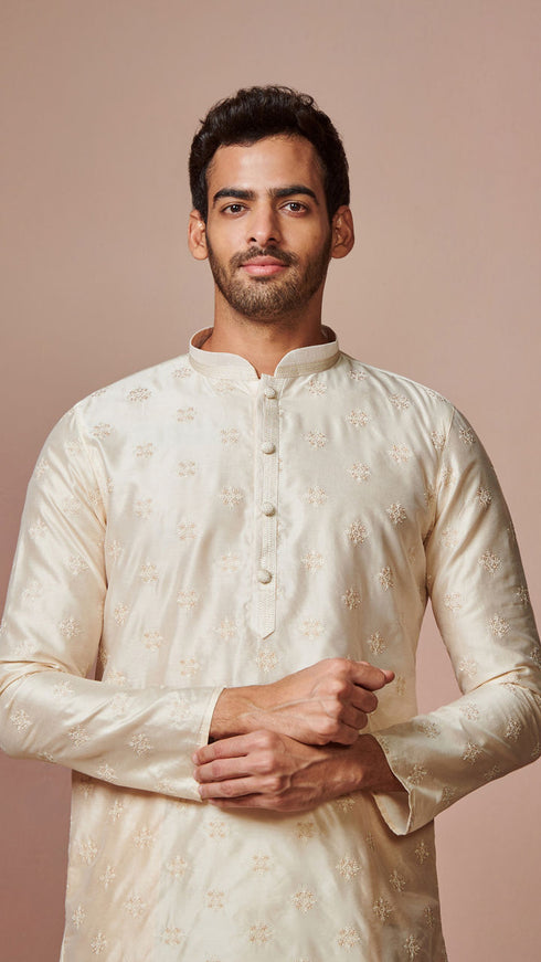 Manyavar Cream Self Motifs Kurta Set