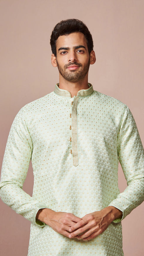 Manyavar Mint Green Golden Motif Kurta Pajama