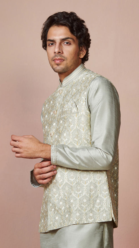 Manyavar Grey Kurta Jacket Set With Self Design