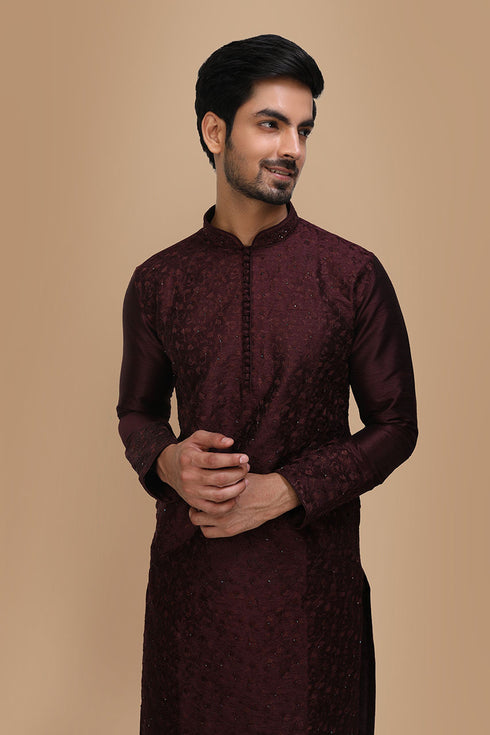 Manyavar Plum Thread Embroidered Kurta Set