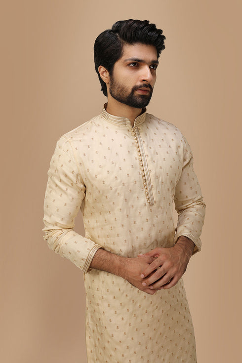 Manyavar Beige Self Motif Kurta Set