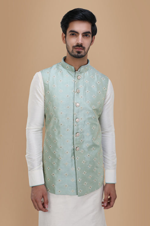Manyavar Subtle Blue Kurta Jacket Set