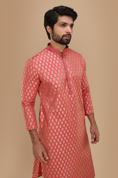 Manyavar Dark Peach Jacquard Kurta Set