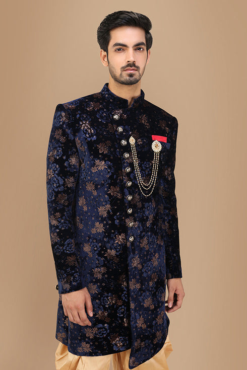 Manyavar Velvet Blue Indo Western