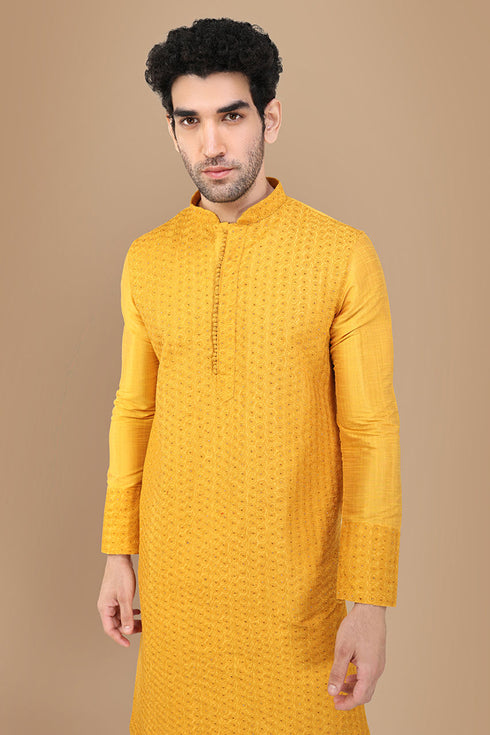 Manyavar Amber Yellow Self Design Kurta Set
