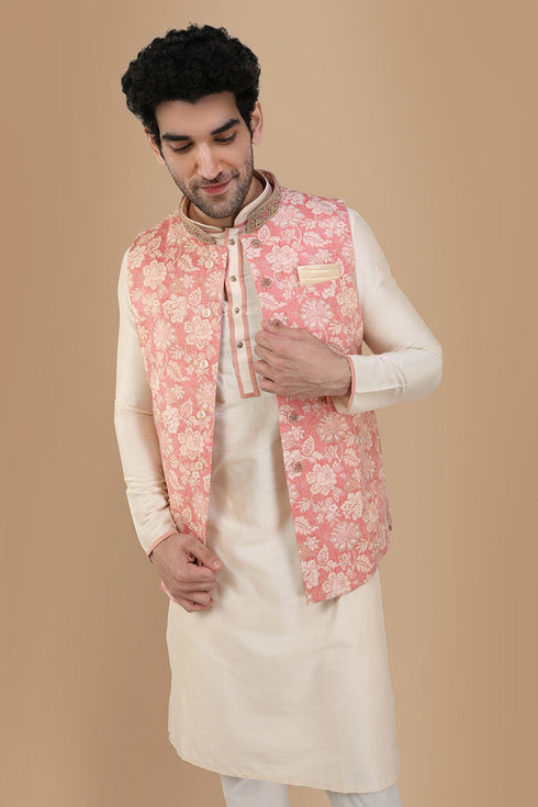 Manyavar Peach And Cream Festive Kurta Jacket With Floral Detailing